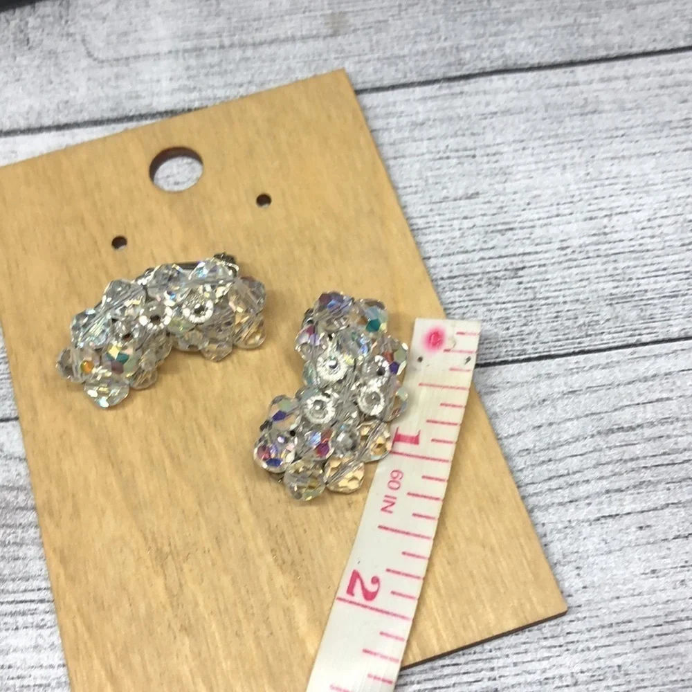Vintage AB Aurora Borealis crystal statement clip on earrings-retro glam.